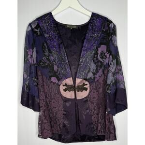 Studio VK Top Sz M Silk Blend Burnout Lace Kimono Whimsigoth Purple Artsy Asian